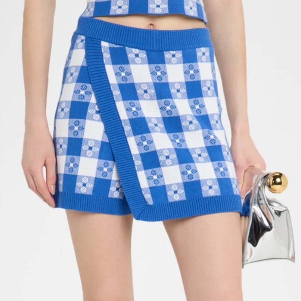 Rachel Antonoff Shannen Skort Cotton Knit Plaid Check Blue White Tablecloth L